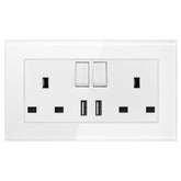 13A 2-Gang Switched Socket with 2 Outlet USB Type A - Tempered Glass